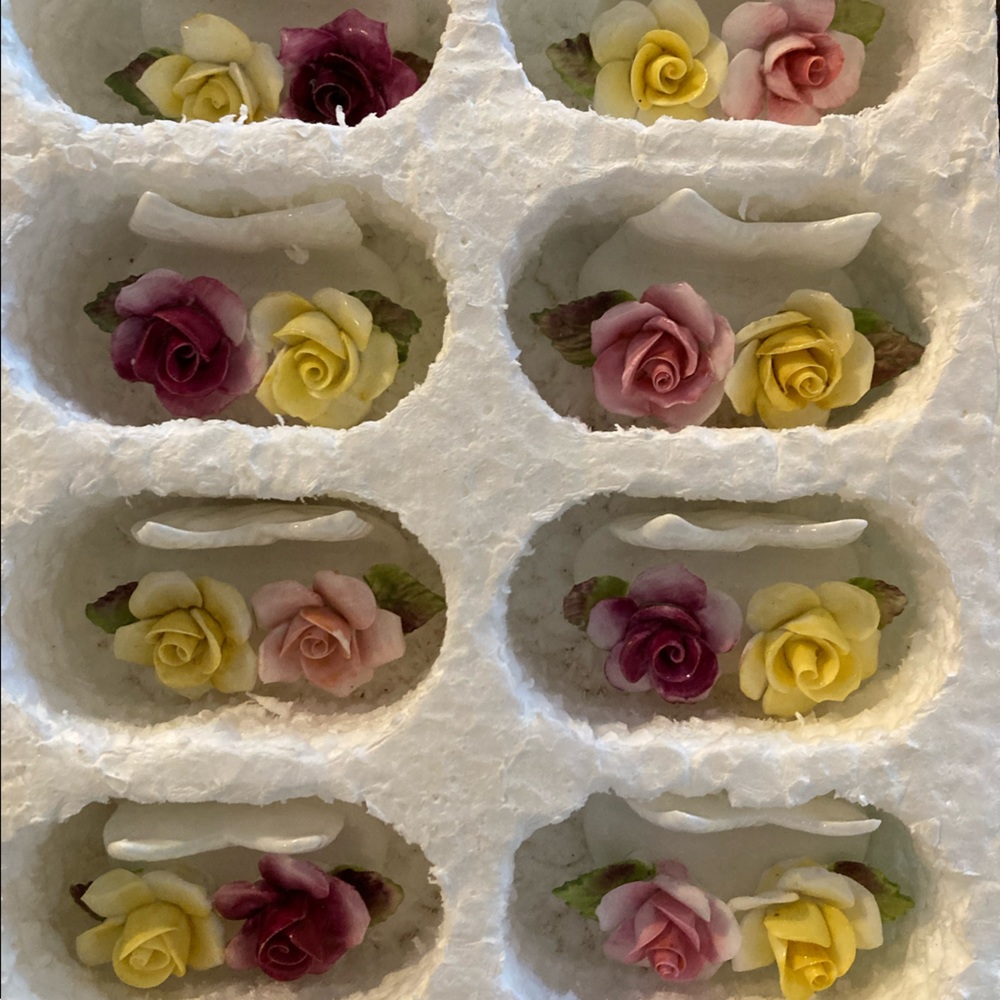 Coalport bone china double rose place card holders made in England - set of 8